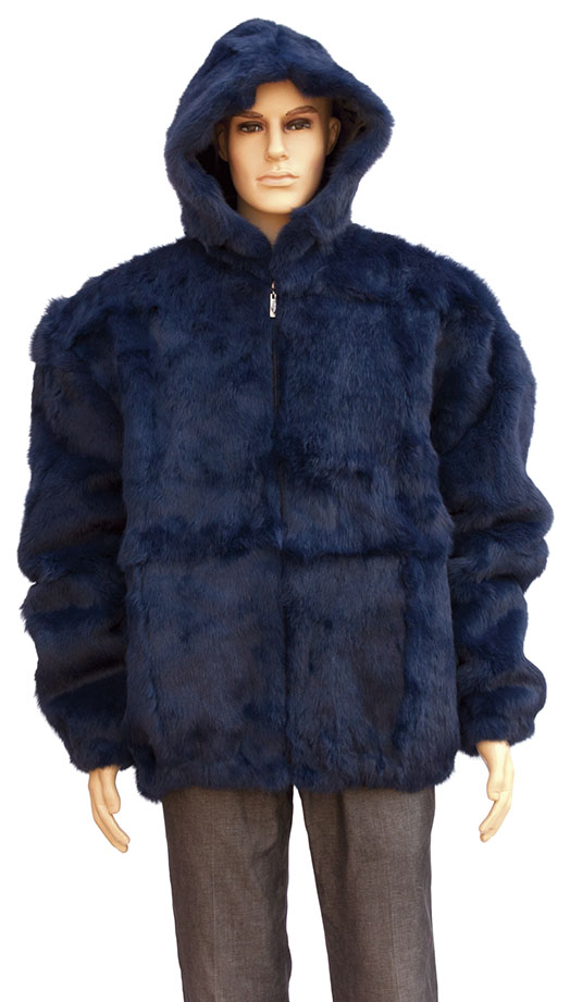 Winter Fur Navy Blue Full Skin Rabbit Jacket With Detachable Hood M05R02NV.